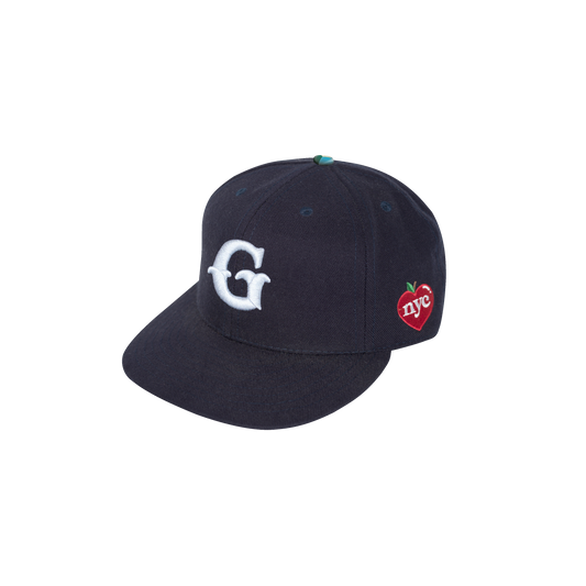 Dark Navy "G" Cap with embroidered "G" and "NYC" apple logo on the side with a Core Logo Squatchee on top. 