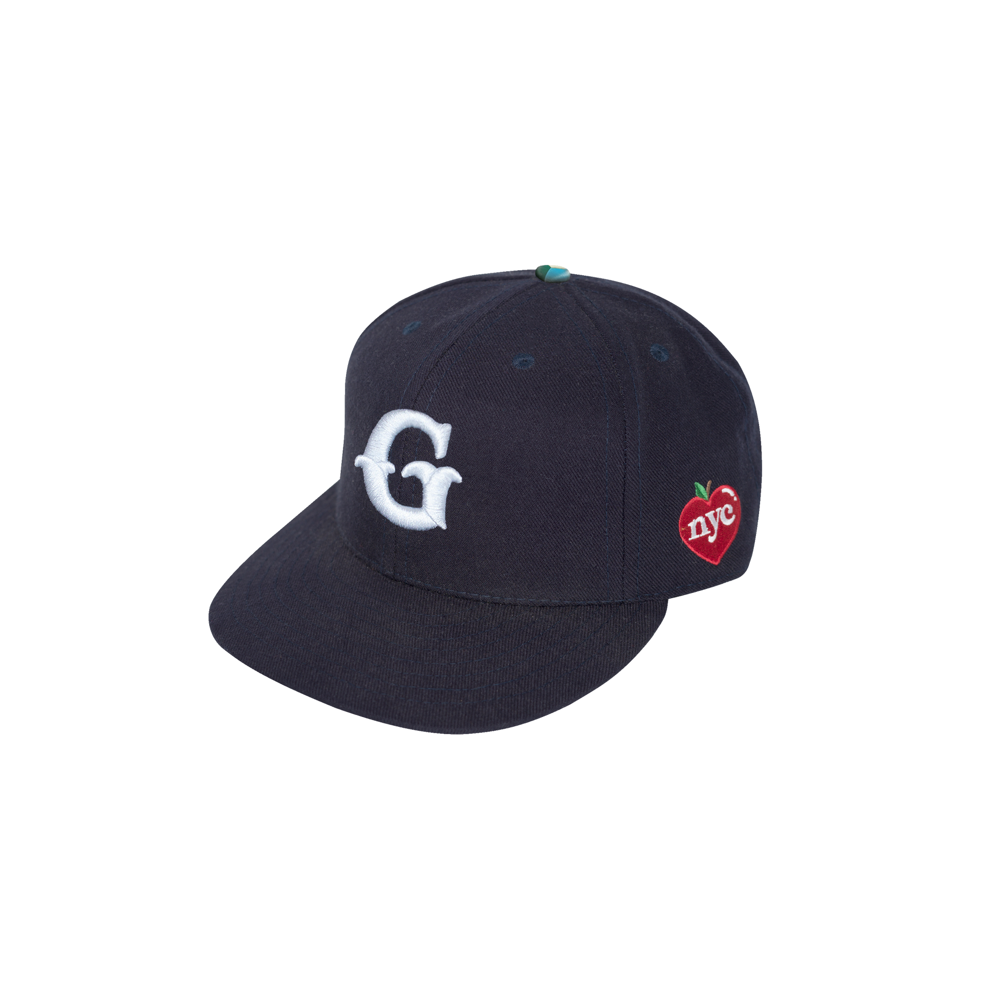 Dark Navy "G" Cap with embroidered "G" and "NYC" apple logo on the side with a Core Logo Squatchee on top. 