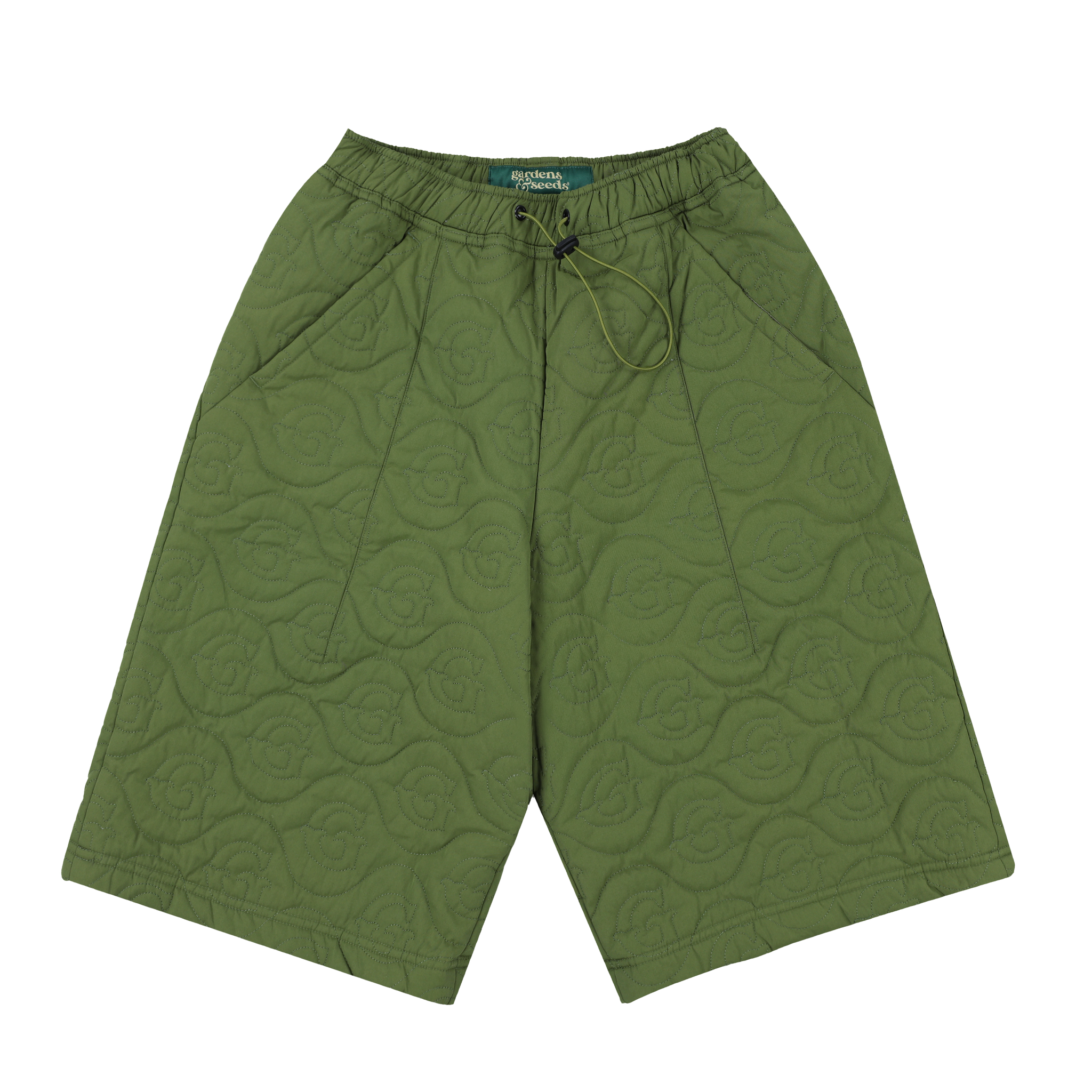 Olive-color nylon long shorts with a Gardens and Seeds "G" pattern.