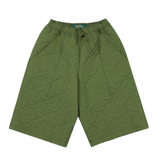 Olive-color nylon long shorts with a Gardens and Seeds "G" pattern.