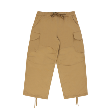 Carpenter-stile work pants in a khaki color way with drawstrings on the hems.