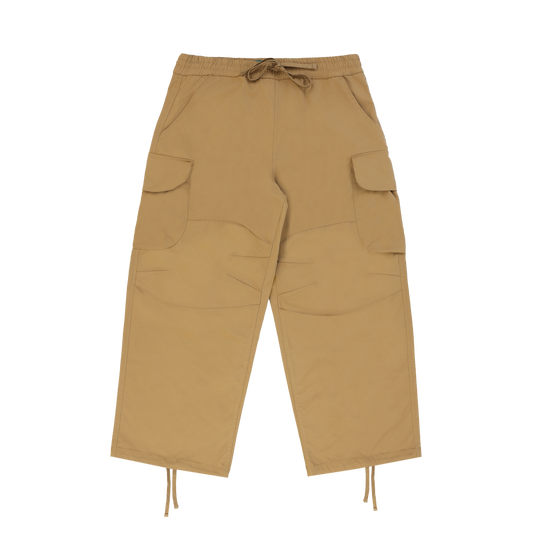 Carpenter-stile work pants in a khaki color way with drawstrings on the hems.