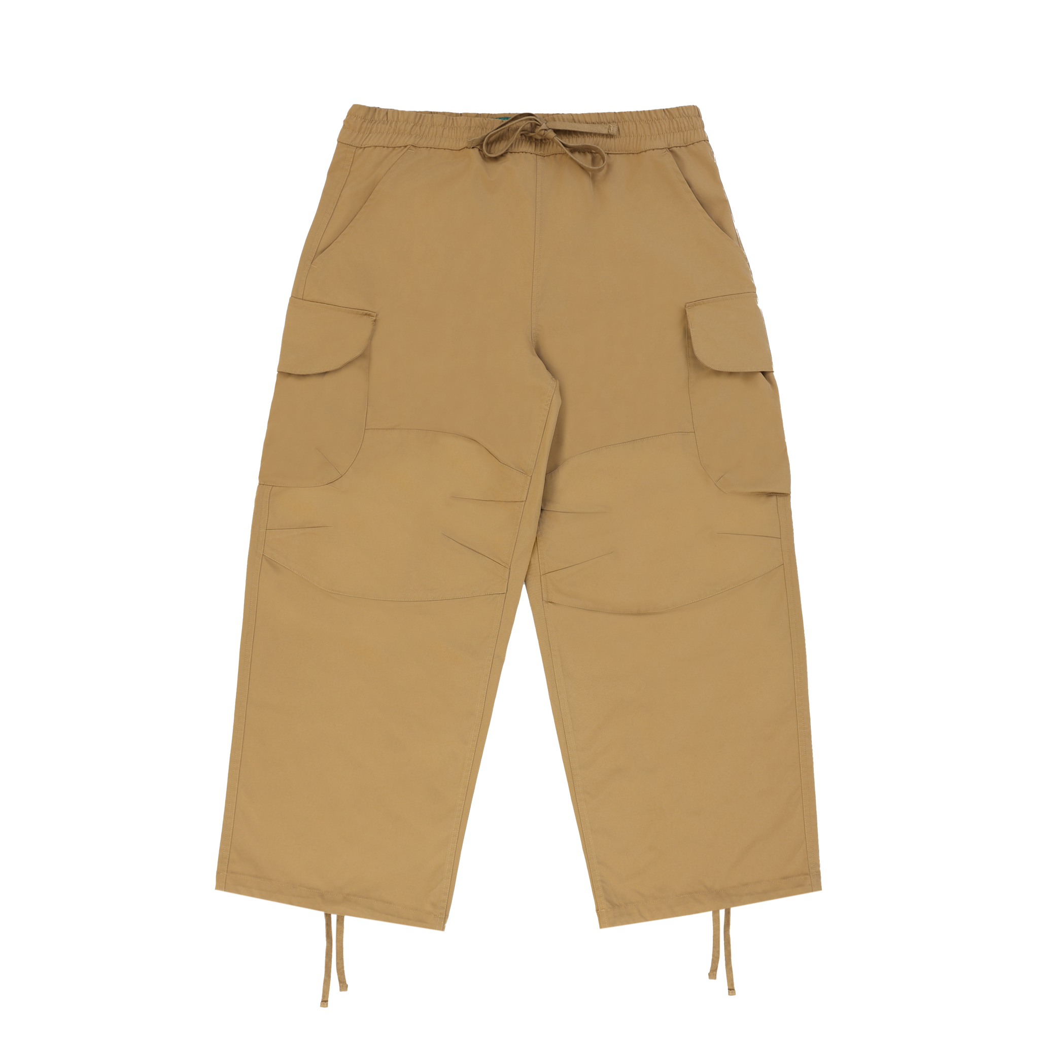 Carpenter-stile work pants in a khaki color way with drawstrings on the hems.